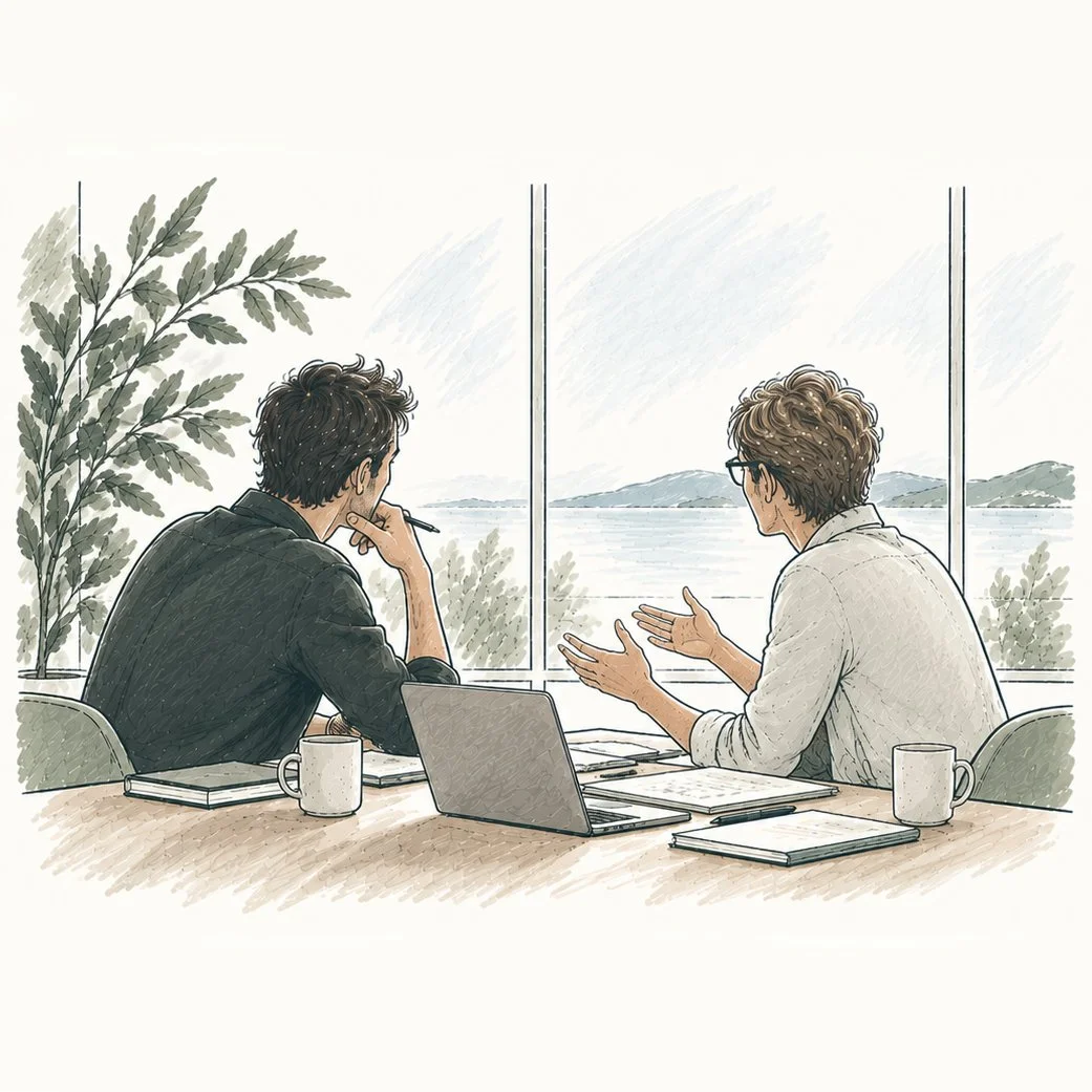 Two men engaged in a discussion during a meeting in a conference room overlooking a lake. One man is speaking with open hands, while the other listens thoughtfully. The table has a laptop, notebooks, and coffee mugs. A large window shows a scenic view of water and distant hills.