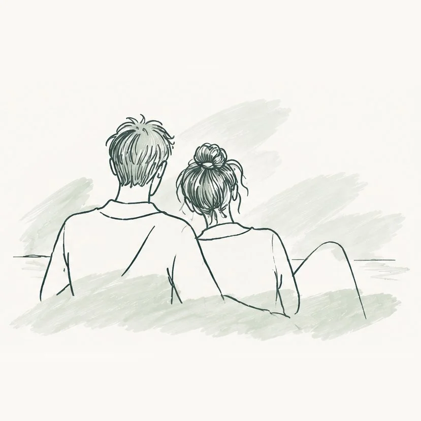 Line drawing of a man and a woman sitting together, viewed from the back, with a simple background.