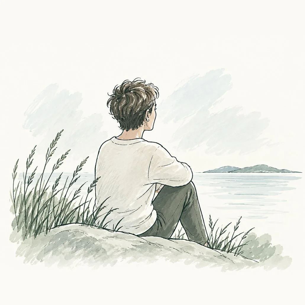 A person sitting on a grassy hill looking out over a body of water with islands in the distance.