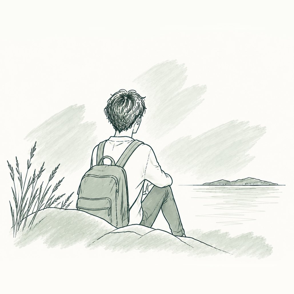 A person with a backpack sitting on a rocky shore, looking at the water and distant islands.