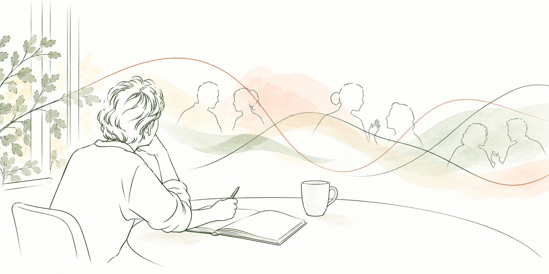 A person sitting at a table with a book and a coffee mug, looking at a drawing of various interview or conversation silhouettes with flowing lines connecting them.