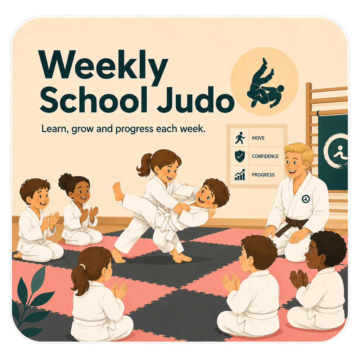 Children in white martial arts uniforms practicing judo on mats in a classroom with a teacher demonstrating. The classroom has a sign with icons for move, confidence, and progress, and a blackboard with a judo symbol. The text reads "Weekly School Judo" with a subtitle "Learn, grow and progress each week."