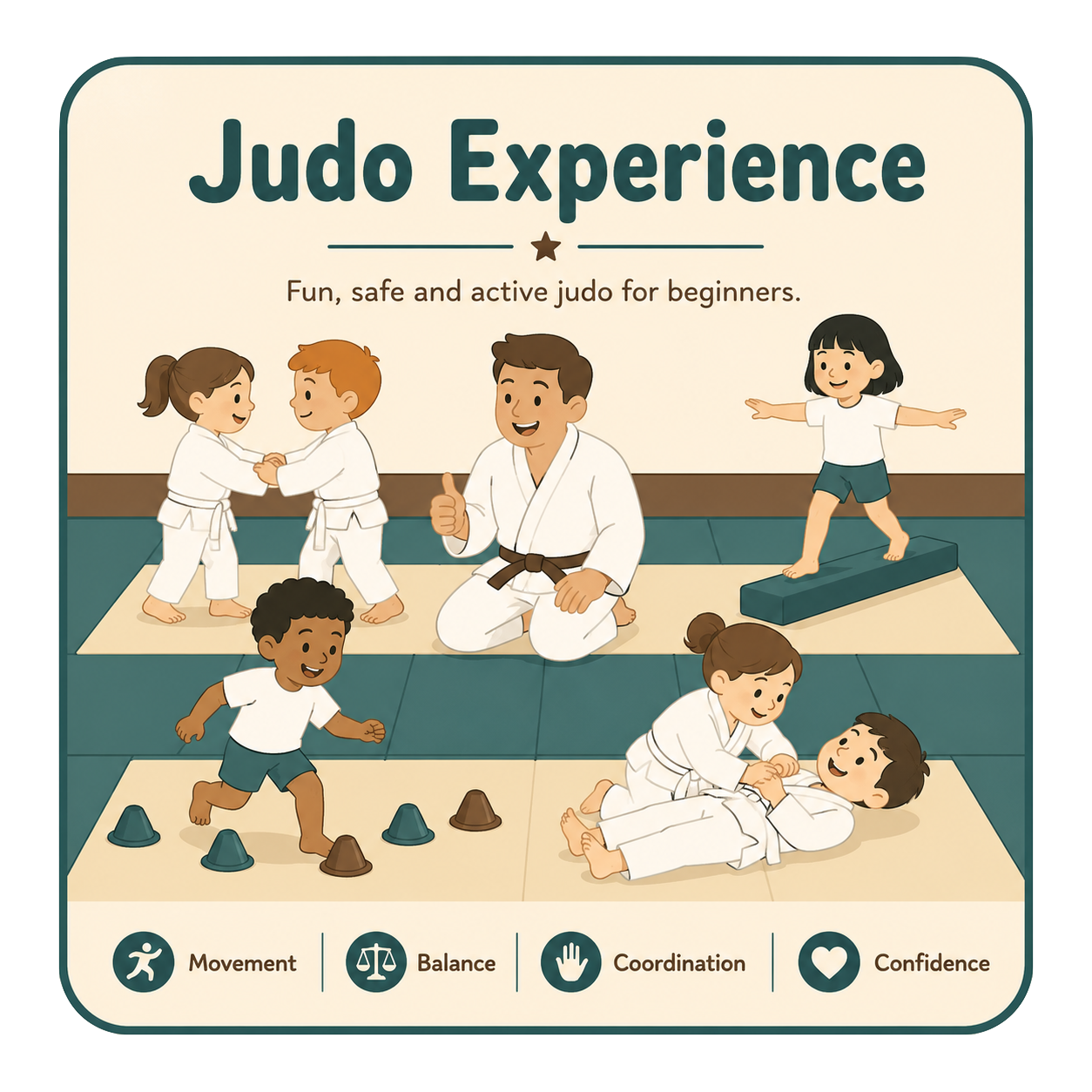 Children practicing martial arts with an instructor in a dojo, with activities like sparring, balancing, and ground fighting, illustrating core skills like movement, balance, coordination, and confidence.