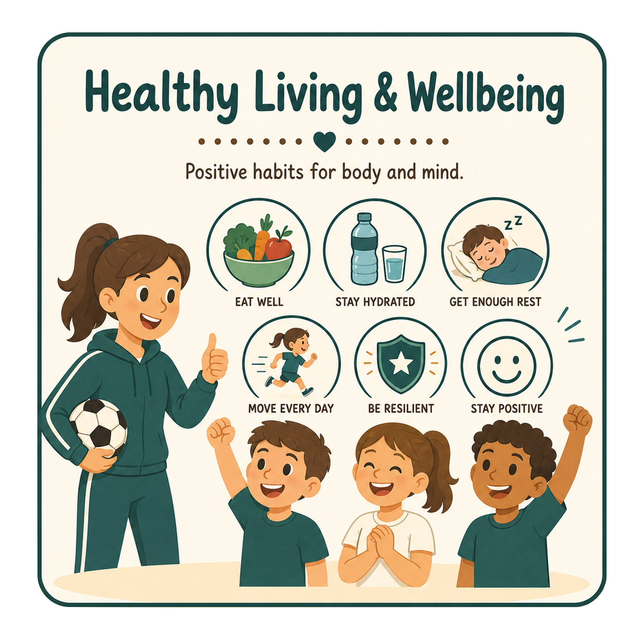 A colorful poster titled "Healthy Living & Wellbeing" featuring illustrations of healthy habits. It includes icons for eating well, staying hydrated, getting enough rest, moving every day, being resilient, and staying positive. The poster shows three children smiling and raising their fists, with an adult holding a soccer ball giving a thumbs-up.