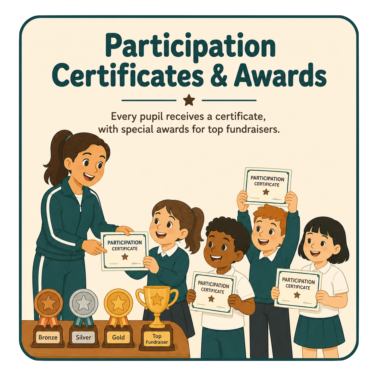 Children receiving participation certificates from a teacher during a fundraising event, with medals and a trophy on a table.
