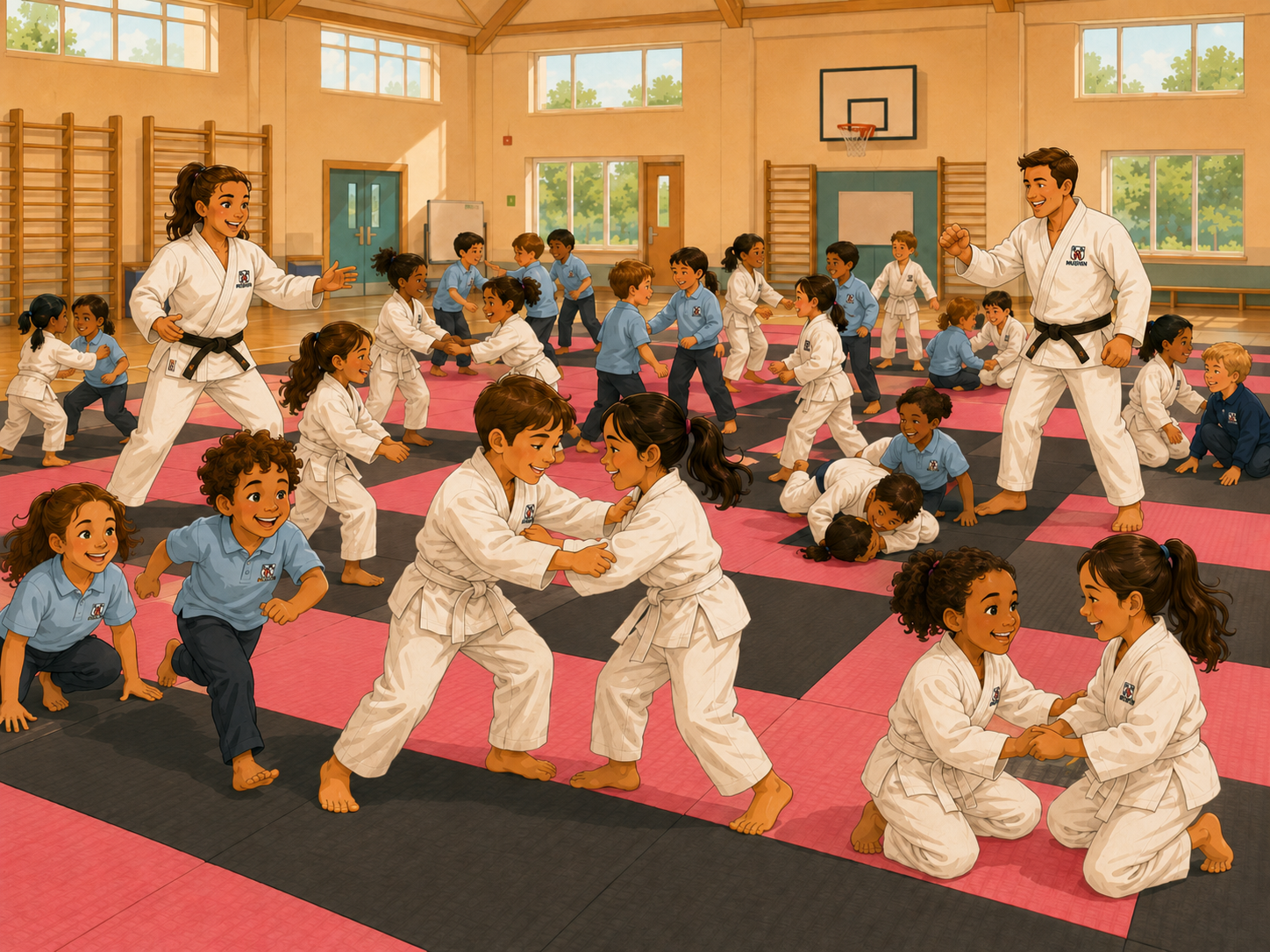Children practicing karate in a gymnasium, with instructors guiding and kids engaging in sparring and playful activities on a black and pink mats.