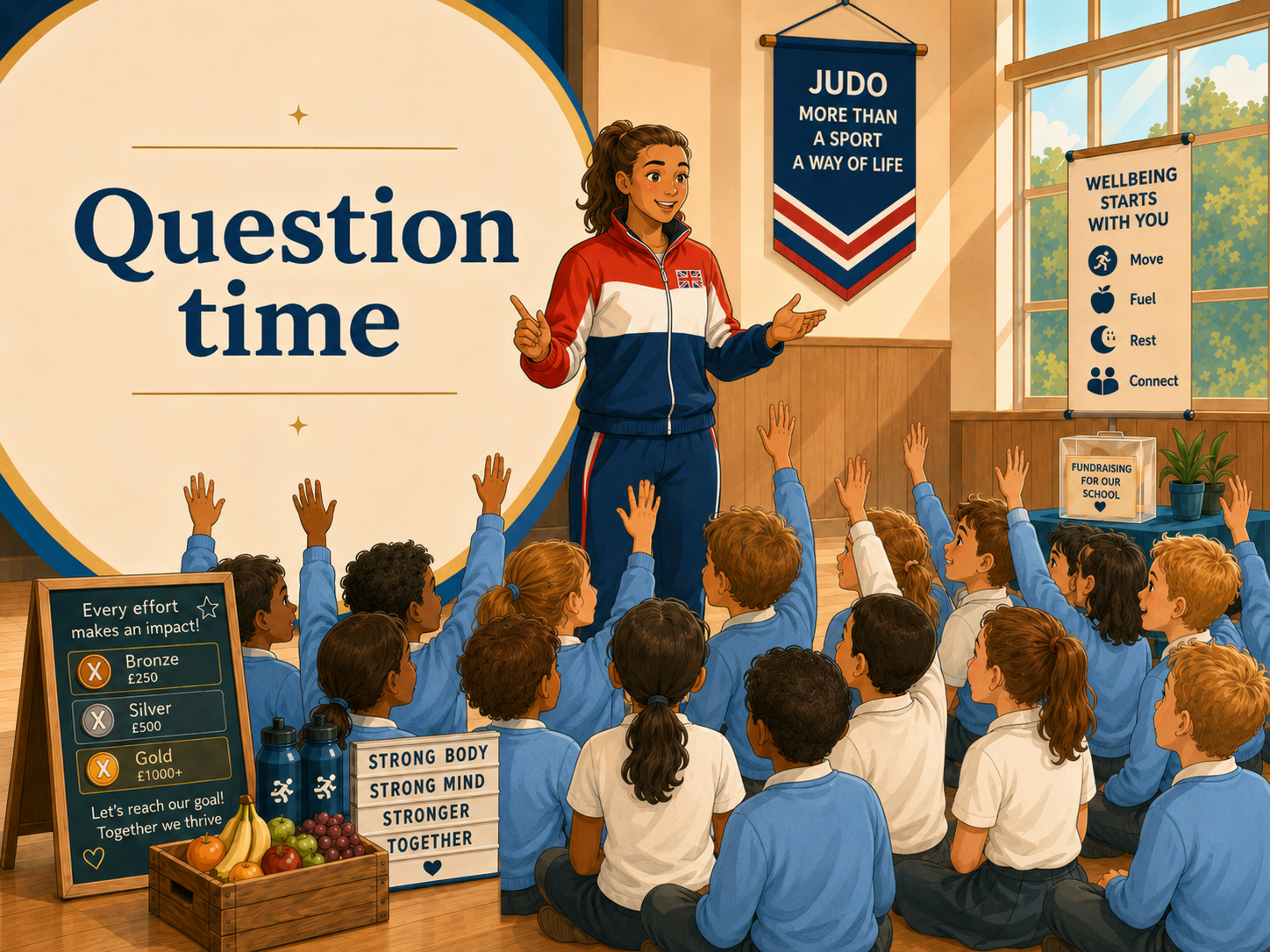 A young female instructor engaging a classroom of students during question time, with students raising their hands to answer. The classroom has posters about judo, wellbeing, and fundraising, and a box of fruits.