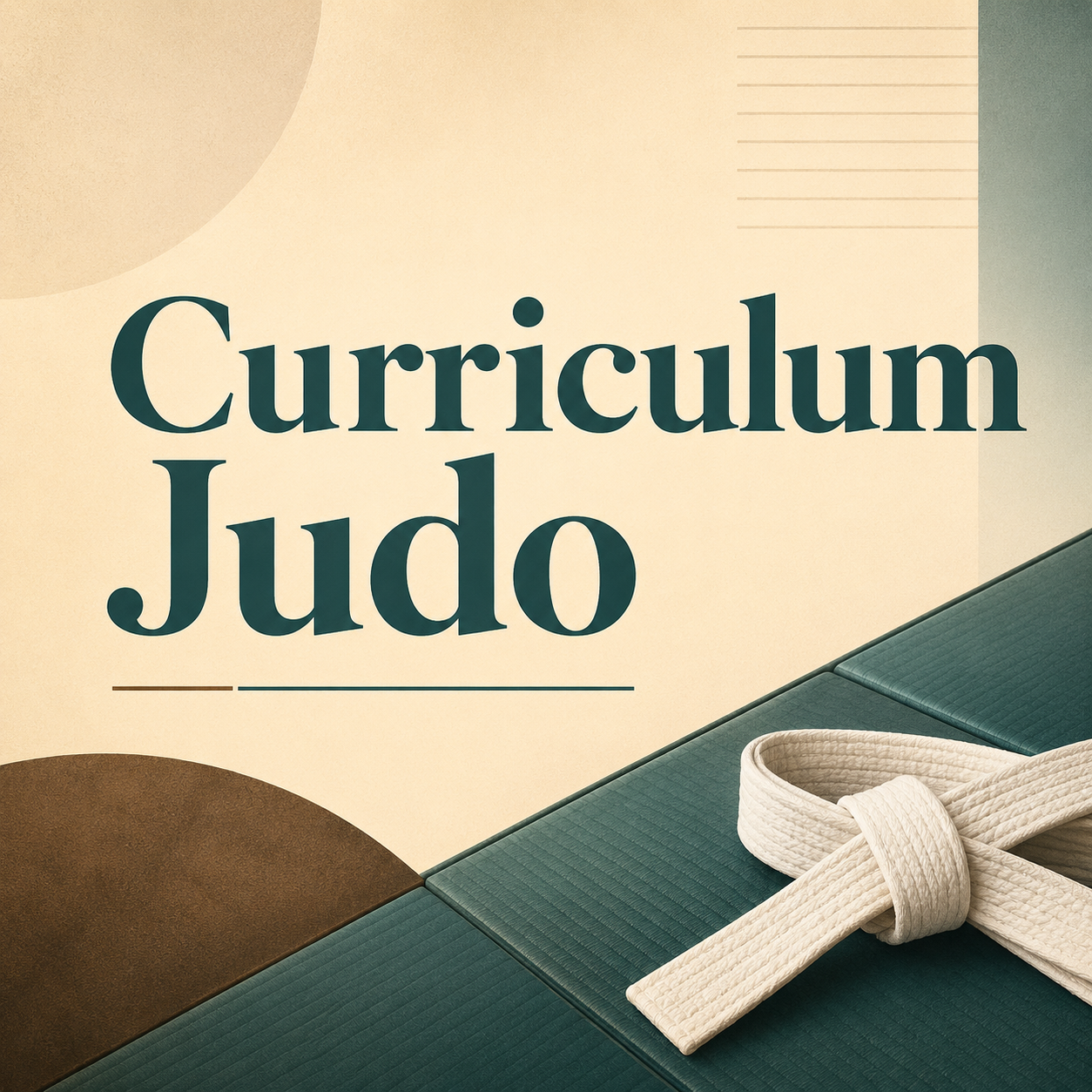 Image of a curriculum judo book cover with a white judo gi belt placed on a green punching mat.