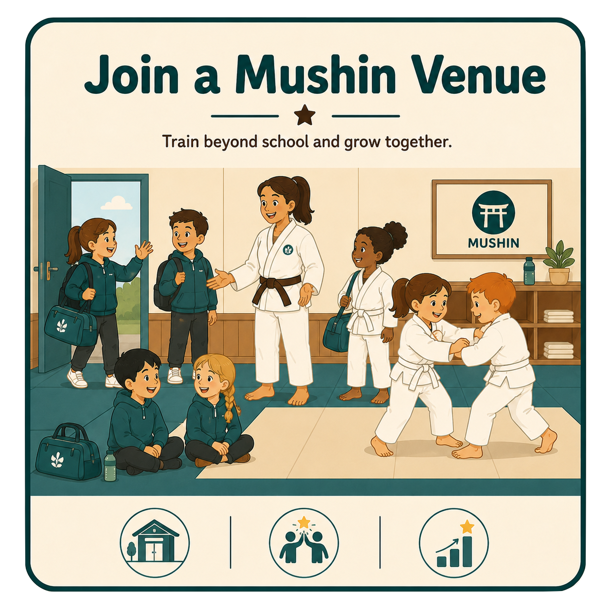 Children and a martial arts instructor in a dojo, with some children practicing judo techniques and others sitting on the floor, all smiling and engaging in a martial arts class at a MUSHIN venue.