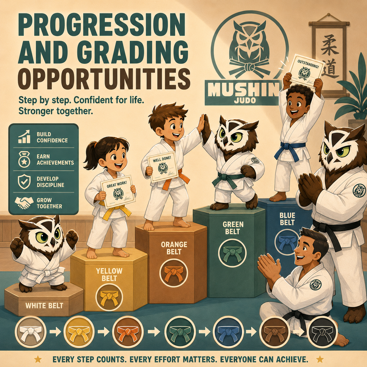 Children in martial arts uniforms celebrating progression through belt ranks, including white, yellow, orange, green, and blue, with an owl mascot supervising and a sign praising their achievements. The background displays the words 'Progression and Grading Opportunities' and a list emphasizing confidence, achievements, discipline, and growth.