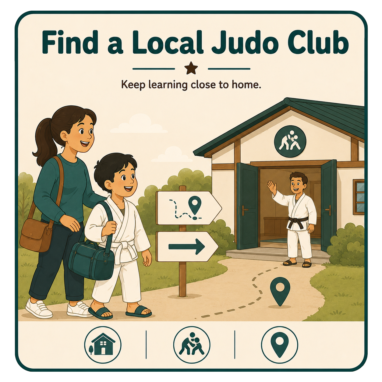 Parents and child in judo uniforms going to a judo club with signs pointing to the location, outside a building with a judo symbol, sunny weather, and greenery.