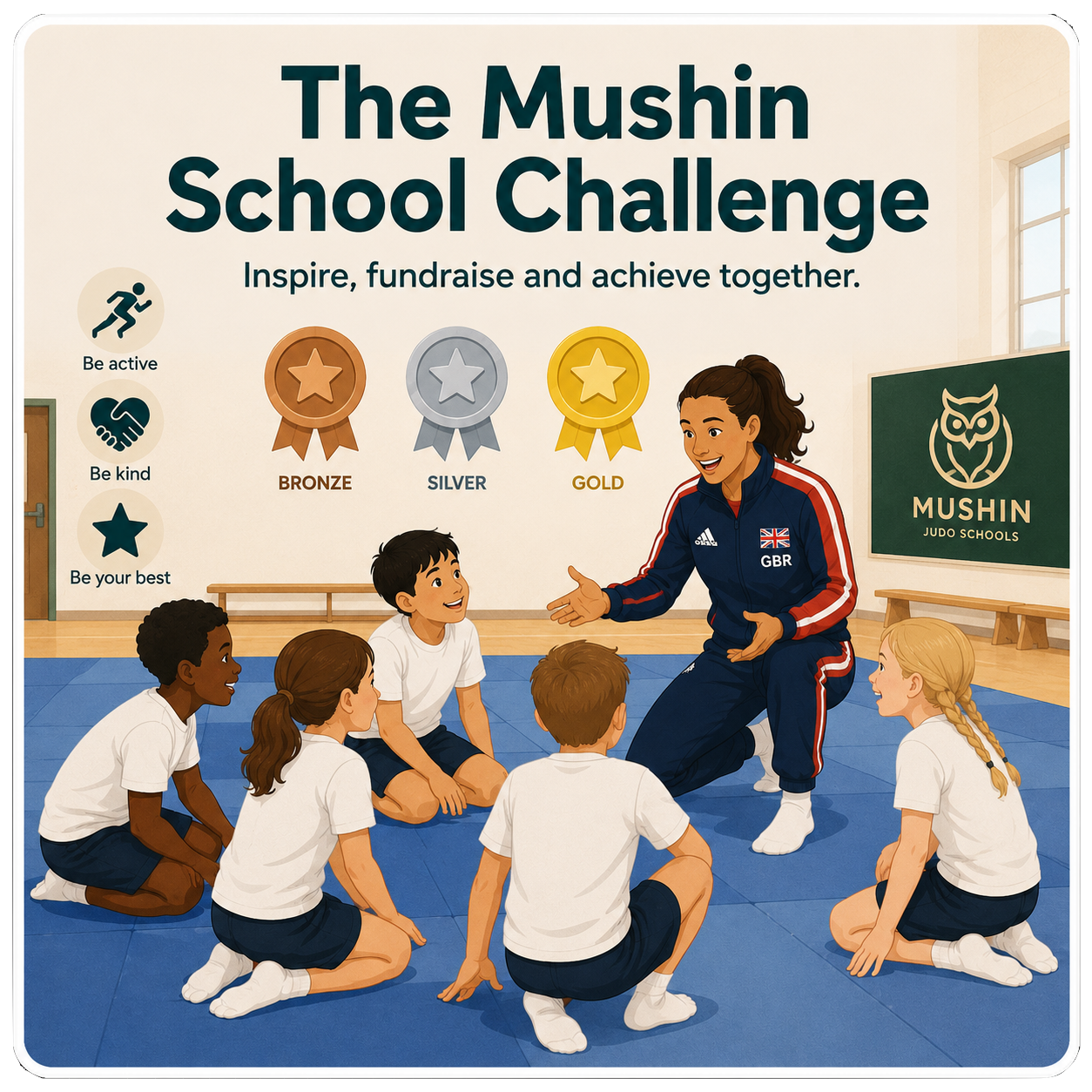 An illustrated poster promoting The Mushin School Challenge with a judo instructor talking to children in a class. The poster features medals for bronze, silver, and gold, and key values: Be active, Be kind, Be your best. The classroom setting includes a window and a sign for Mushin Judo Schools.