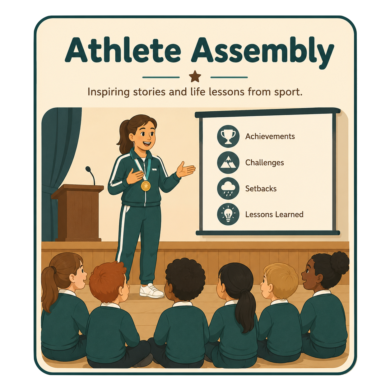 Illustration of a woman in a tracksuit giving a presentation to a group of children seated on the floor in a classroom or auditorium, with a large screen behind her displaying points about an athlete assembly, including achievements, challenges, setbacks, and lessons learned.