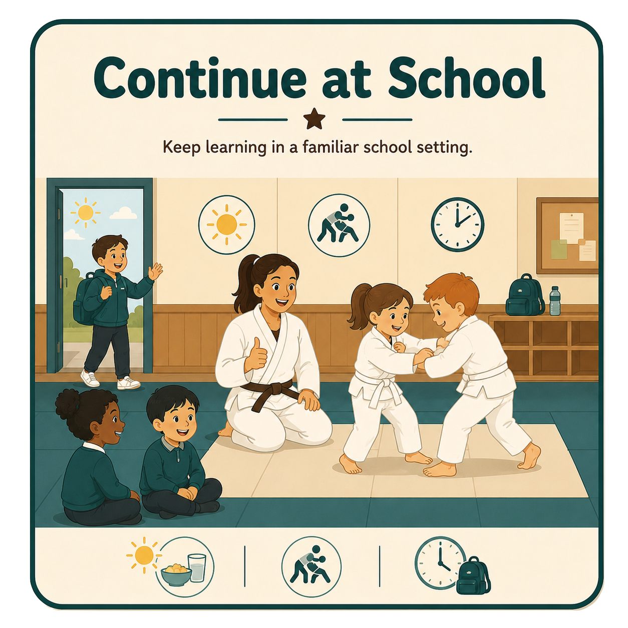 Children practicing martial arts with an instructor in a school gym, with students sitting on the floor and a teacher giving guidance, in a school setting.