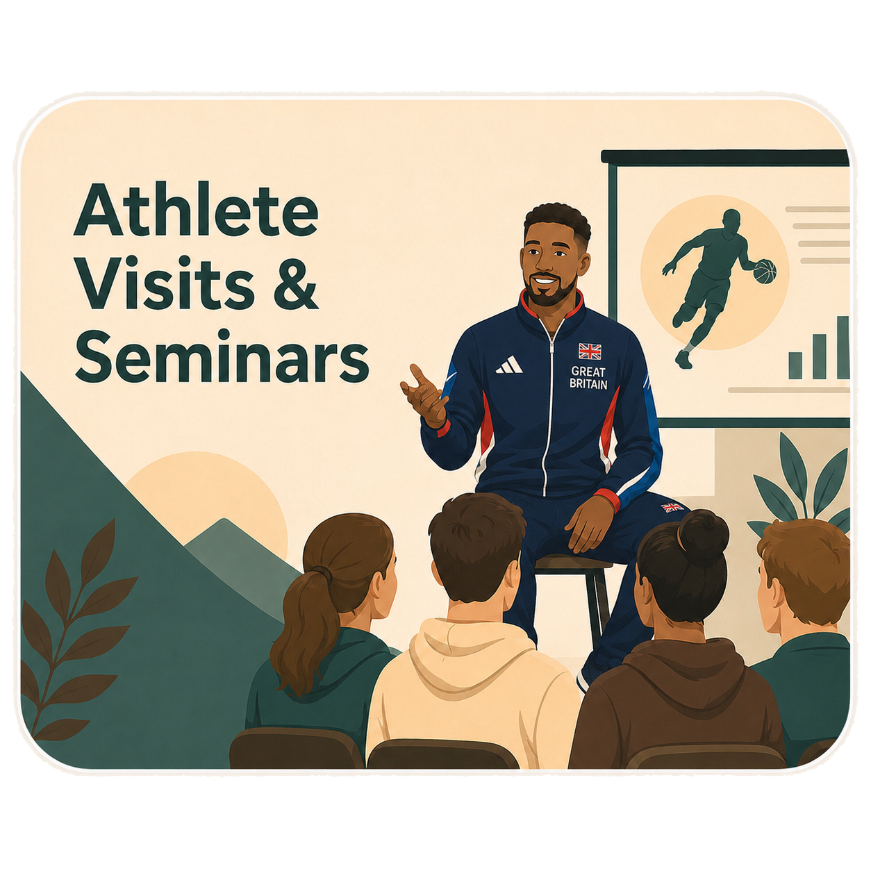 An illustration of a man in Great Britain athletic attire giving a presentation to a group of young adults, with a screen showing a basketball player silhouette and bar graph. The background has mountain and plant graphics, with the text 'Athlete Visits & Seminars'.