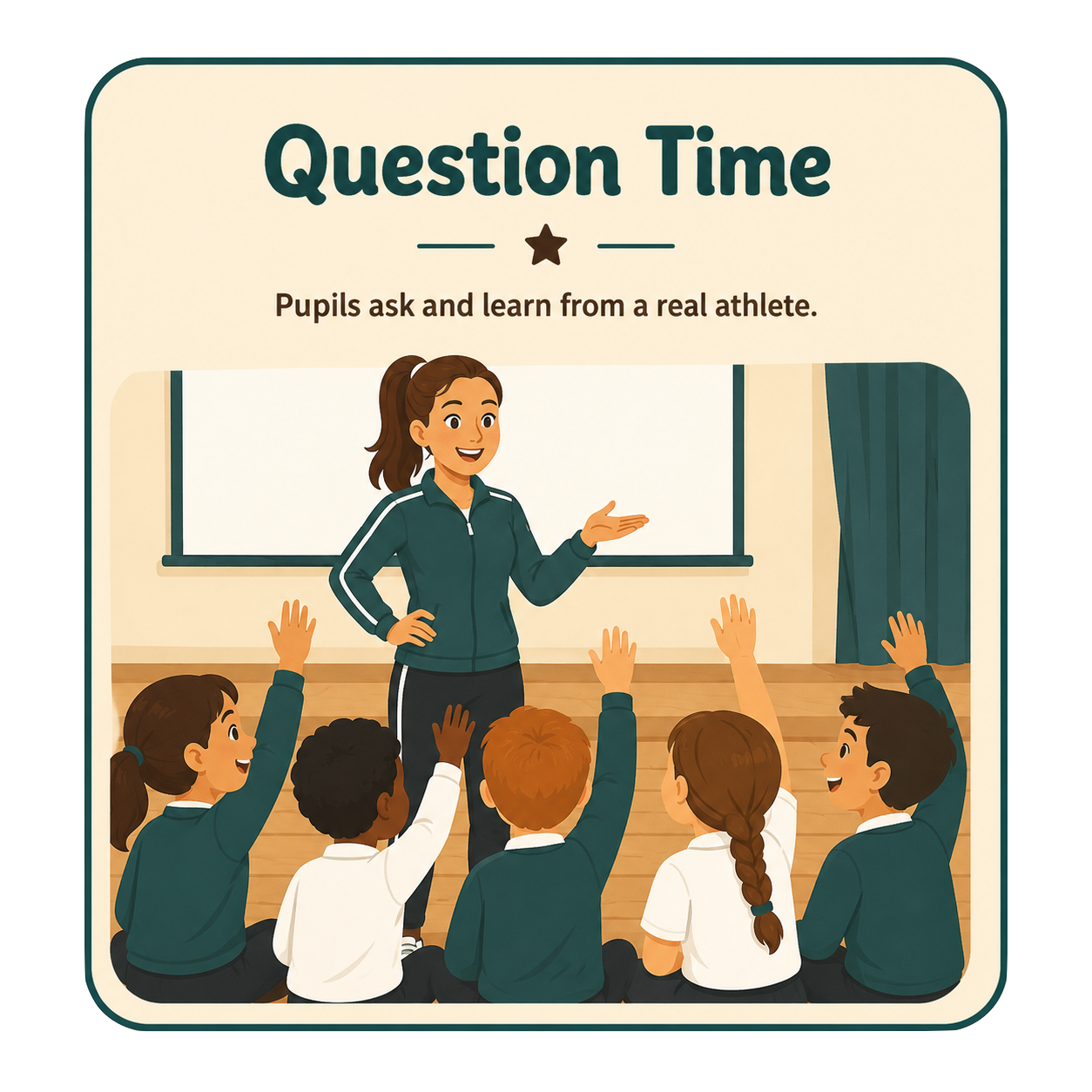 A teacher standing in front of a classroom with students raising their hands, engaging in a question and answer session during Question Time.