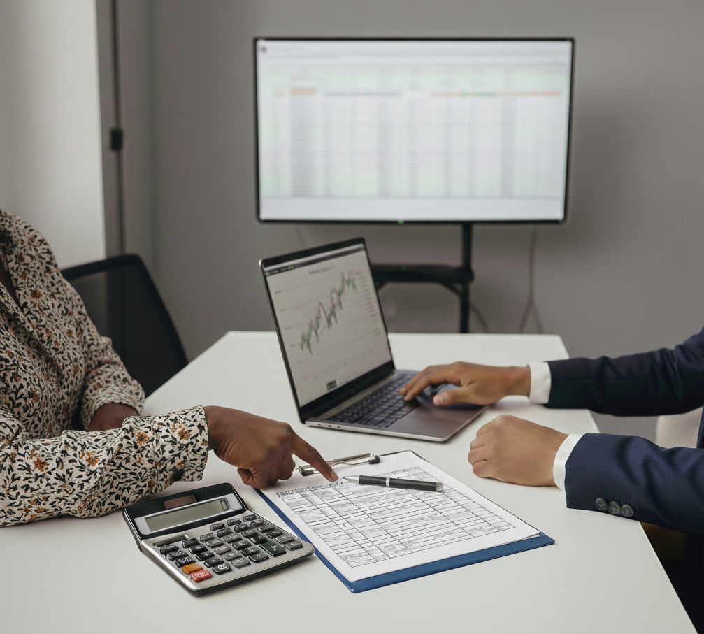 Two people in business attire working at a white table with laptops, a calculator, and financial documents in a meeting room, with a large screen displaying a financial chart in the background.