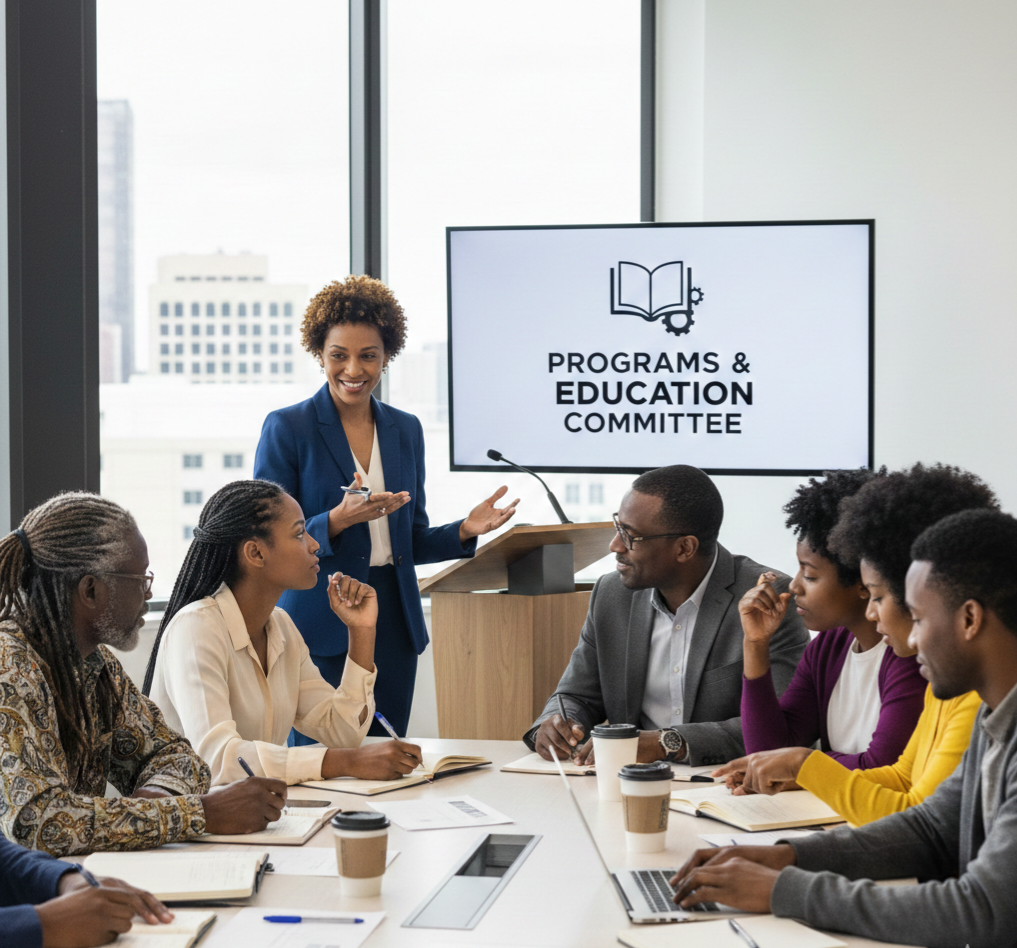 A diverse group of people attending a programs and education committee meeting in a modern conference room, with a woman standing and speaking while others listen and take notes.