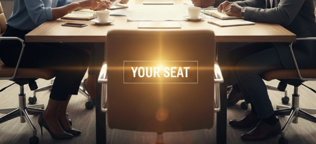 A group of professionals sitting at a conference table with notebooks and coffee cups, and a highlighted seat with a sign reading 'YOUR SEAT'.
