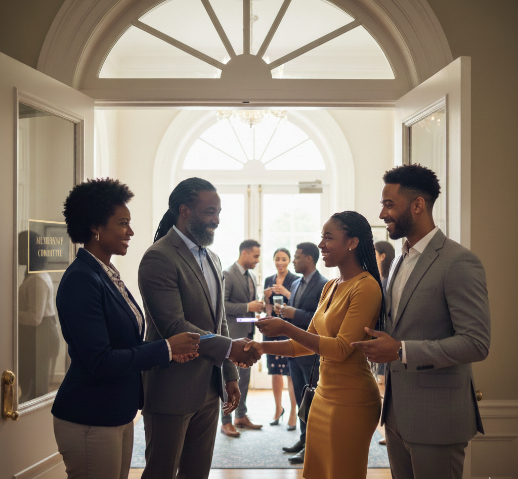 Group of four diverse professionals in business attire greeting each other with handshakes and smiles in a hallway, with more people chatting in the background near a doorway.