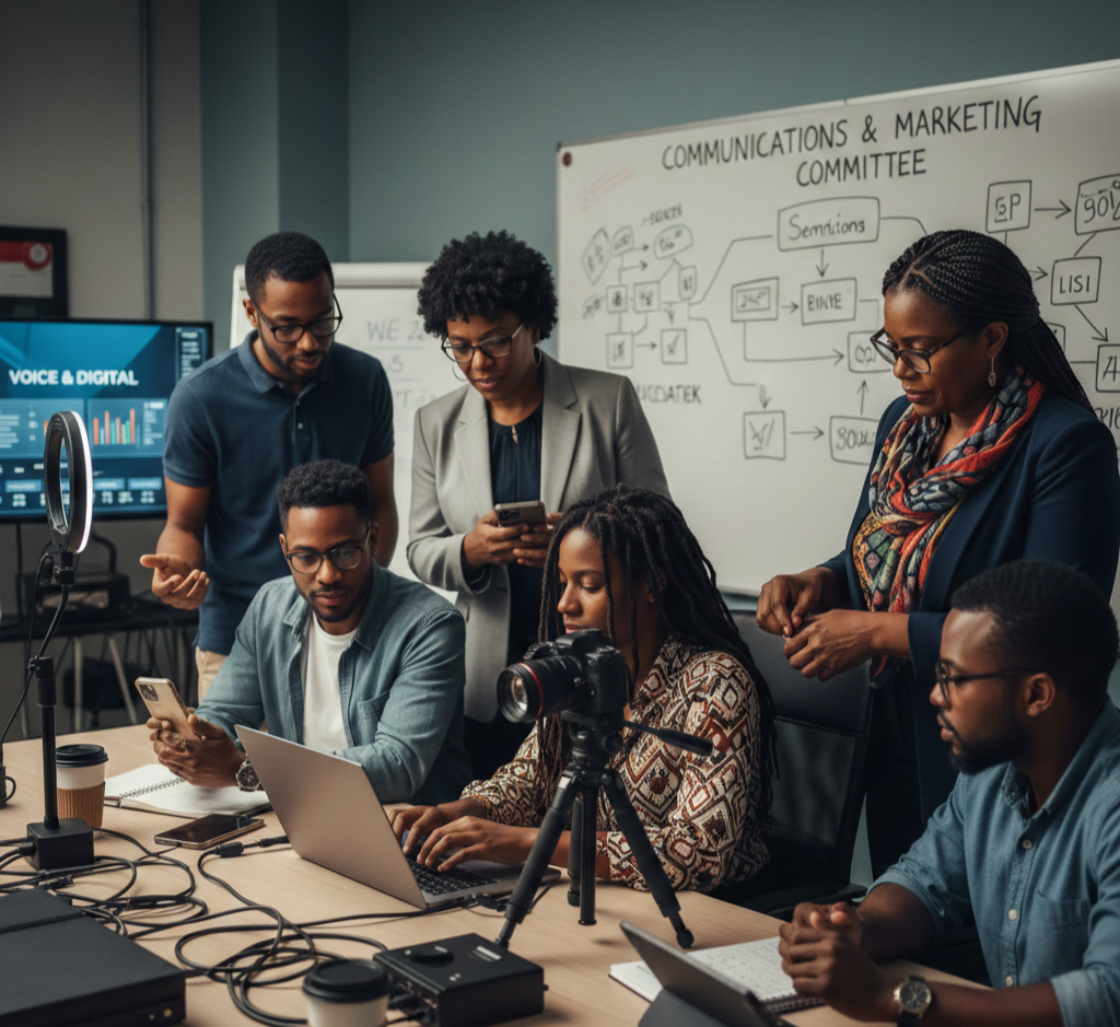 Group of six diverse professionals working together in a modern office, discussing and managing digital media and communications.