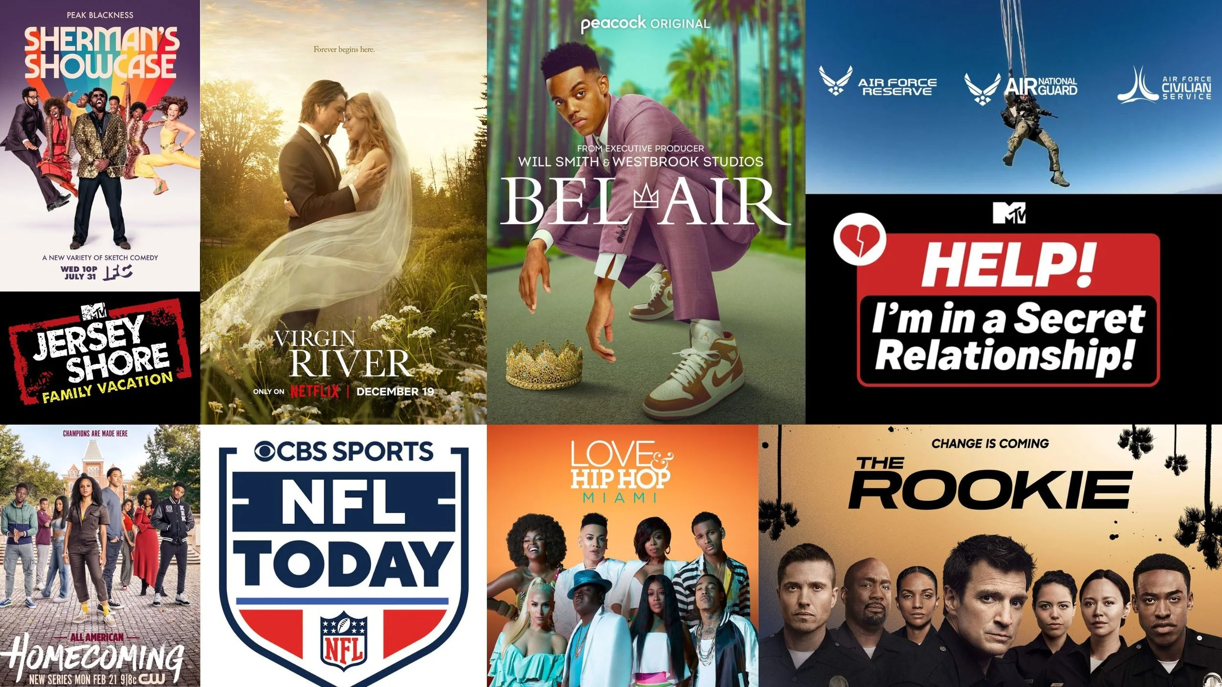A collage of TV show posters. Top row, from left: "Sherman's Showcase," "Virgin River," "Bel-Air," and an MTV help alert about secret relationships. Bottom row: "Homecoming," "NFL Today," "Love & Hip Hop Miami," and "The Rookie."