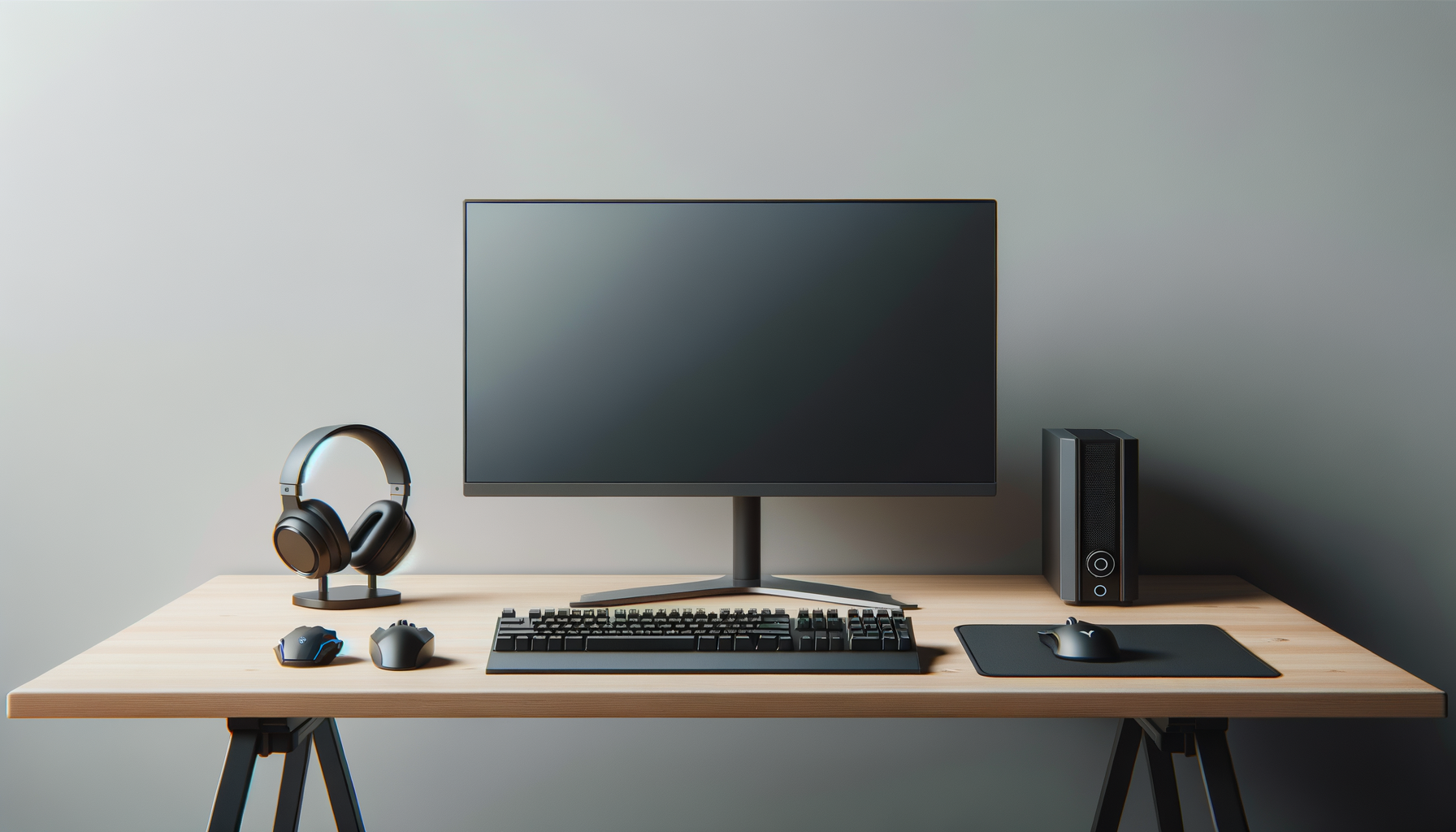 Modern computer desk setup with a monitor, keyboard, mouse, headphones on a stand, a second mouse on a pad, and small speaker on a wooden desk against a gray wall.