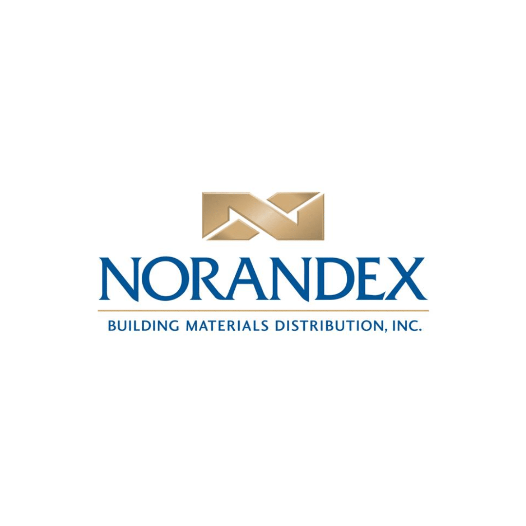 Logo of Norandex, with a stylized intertwined 'N' graphic in gold above the company name in blue. Below, the tagline reads 'Building Materials Distribution, Inc.' in smaller blue text.