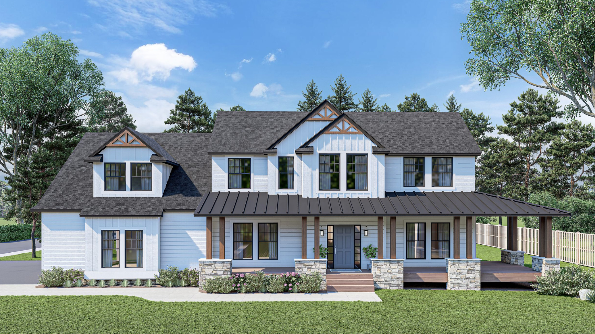 A modern two-story house with white siding, black roof, front porch, and a manicured lawn, surrounded by tall trees.