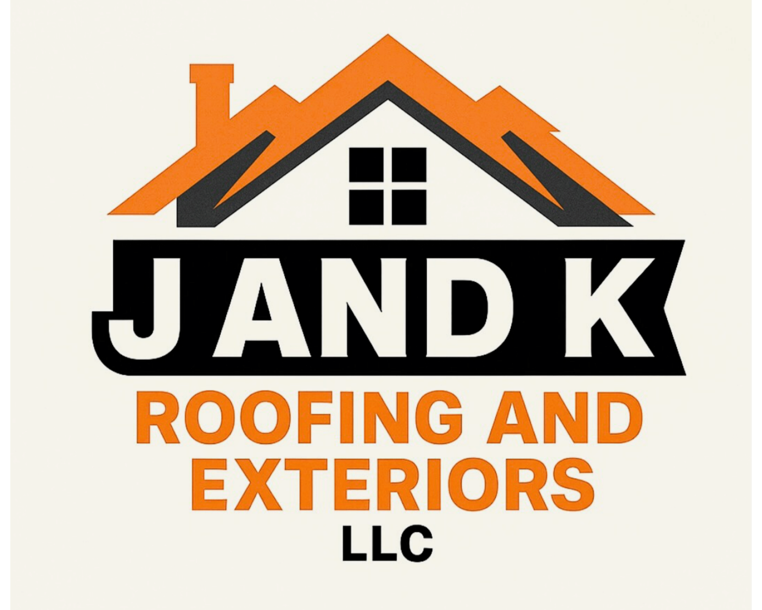 Logo for Jand K Roofing and Exteriors LLC featuring a house with an orange roof and black outlines.