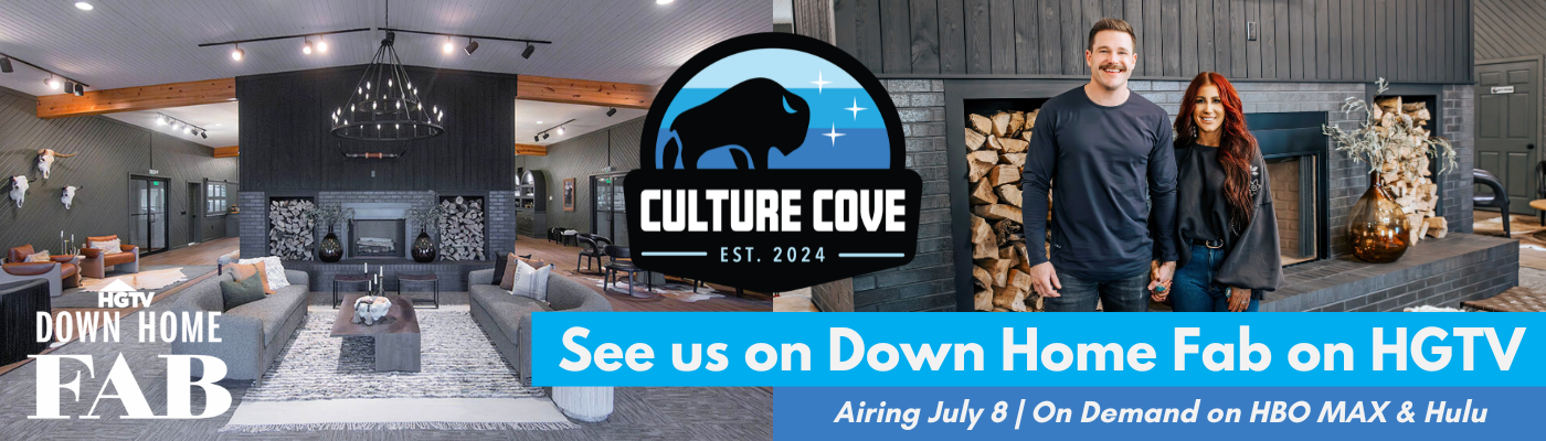 Promotional banner for Channel HGTV's show "Down Home Fab" featuring a modern living room with gray sofas, a fireplace, and decorative accents. Text promotes the show and its availability on Hulu and HBO Max, with the logo for Culture Cove.