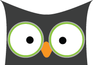 Close-up of cartoon owl face with large, green-rimmed eyes and an orange beak.