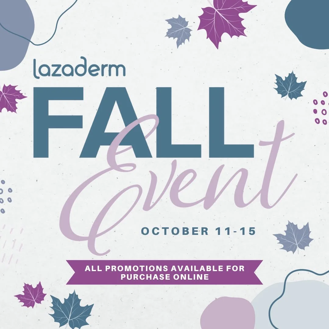 Lazaderm Fall Event promotion poster with autumn leaves, date October 11-15, and a note about online promotions.