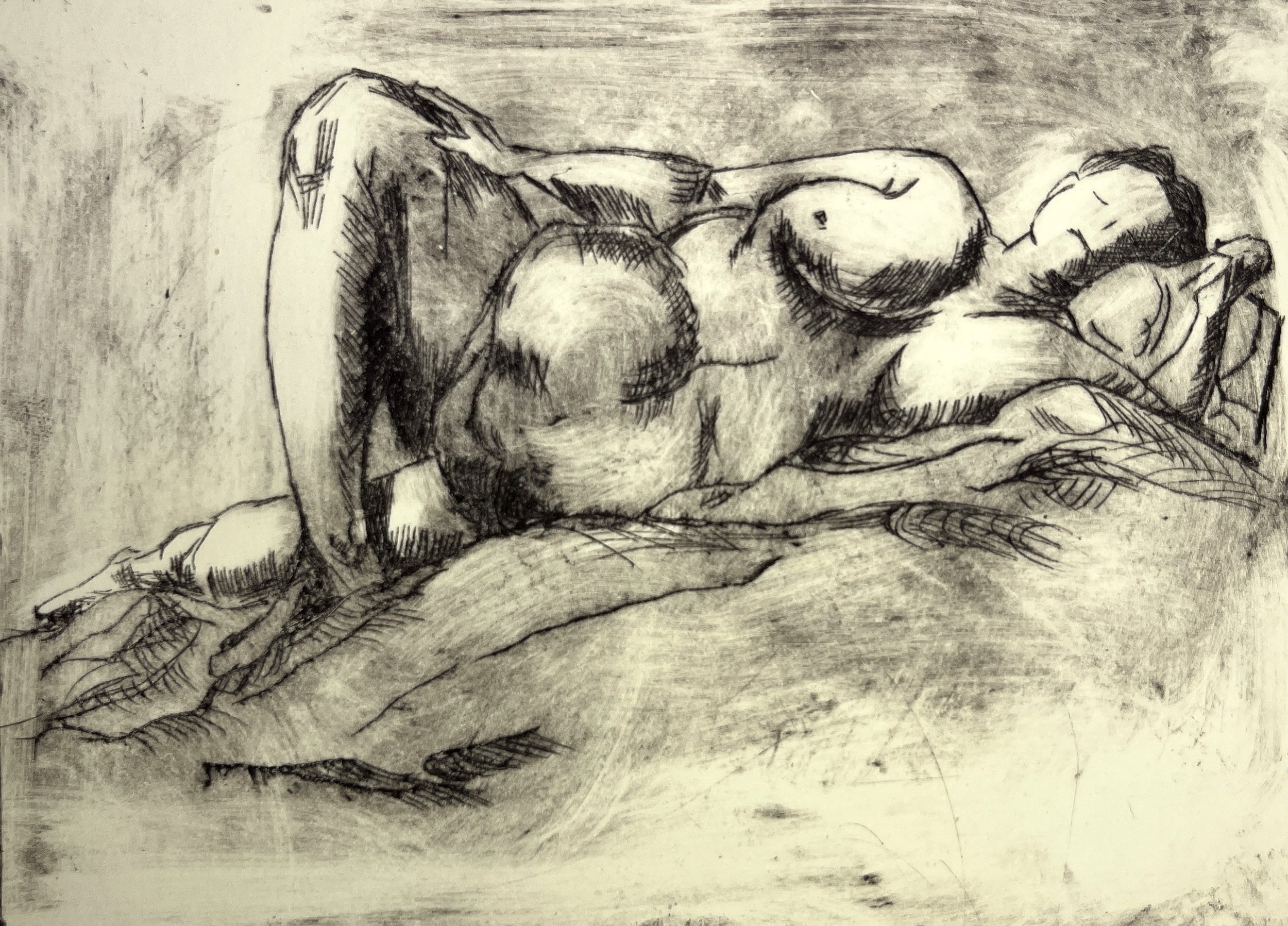 "Reclining figure 2"
Drypoint from life. Monoprint black ink on warm white paper. 