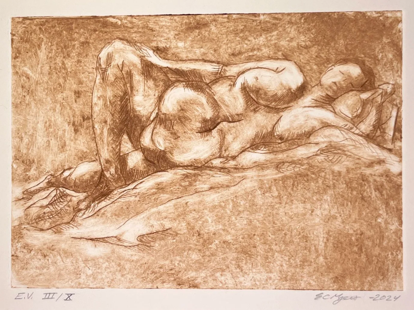 "Reclining figure 4"
Drypoint from life. Burnt umber ink on warm white paper. 