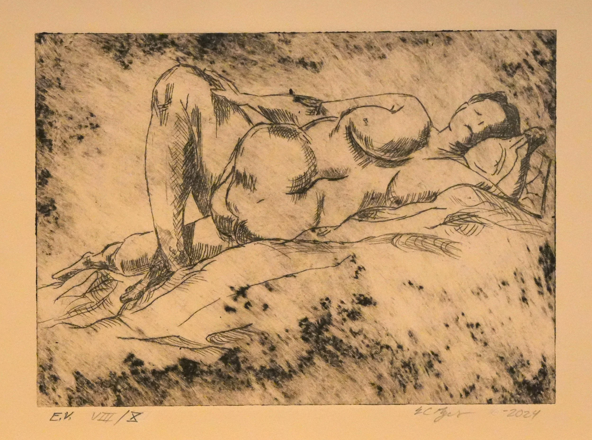 "Reclining figure 3"
Drypoint from life. Monoprint black ink on toned paper. 