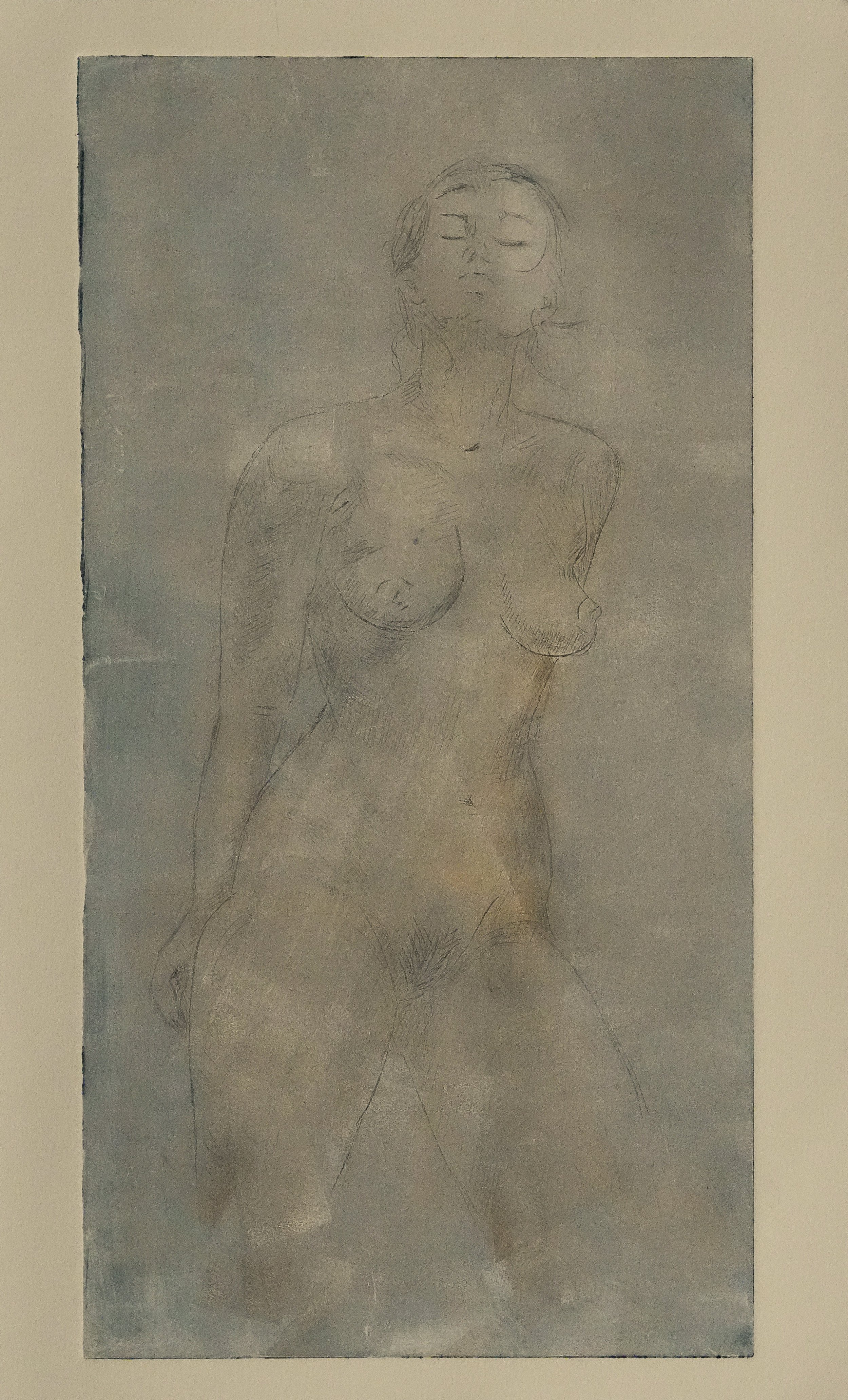 "Standing figure 2"
Drypoint from life.  "Ghost" monoprint on toned paper. 