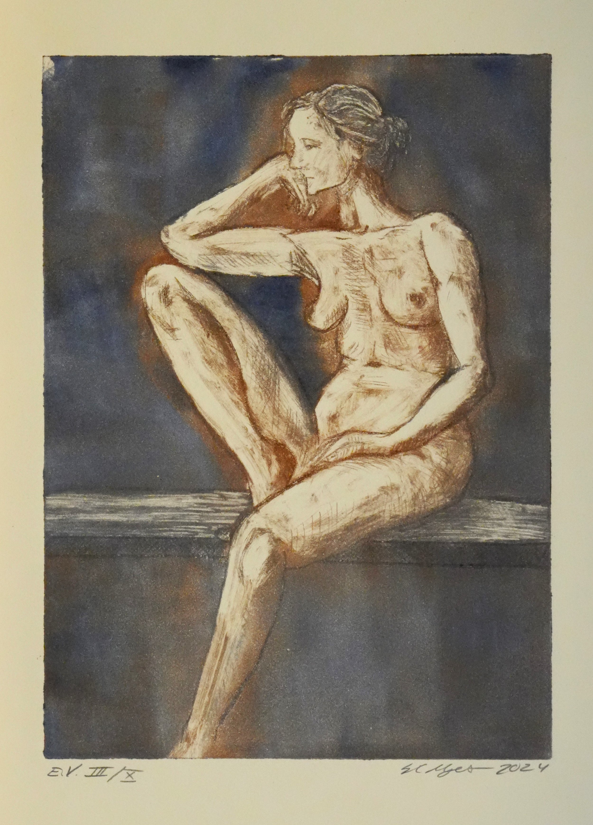 "Seated figure 2"
Monoprint. Drypoint from life. A la poupée blue, grey and burnt umber ink on toned paper. 