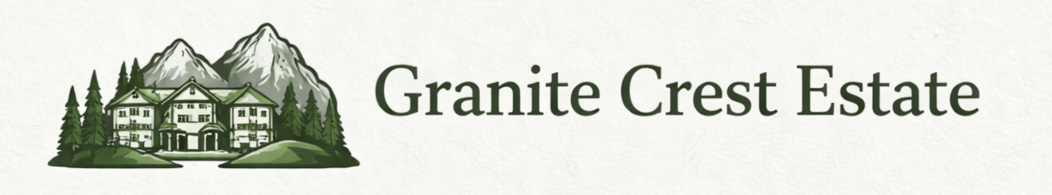 Illustration of a mountain landscape with trees and a multi-story house, alongside the text 'Granite Crest Estate'