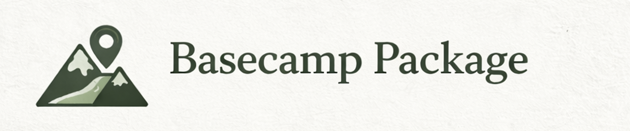 Illustration of mountains and a location pin with the text "Basecamp Package."
