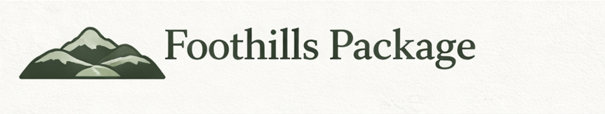 Logo with green mountains and the text "Foothills Package" on a textured light background.