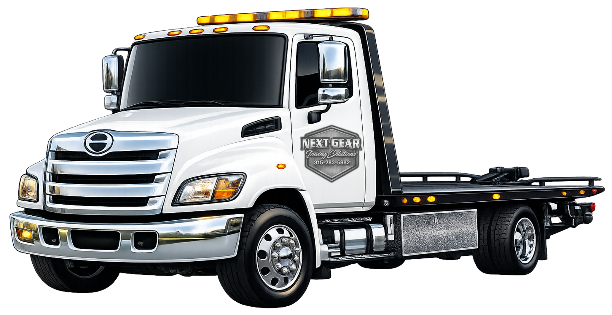 A white tow truck with the logo 'Next Gear Towing Solutions' and phone number on its side. The truck features a flatbed and has emergency lights on top.