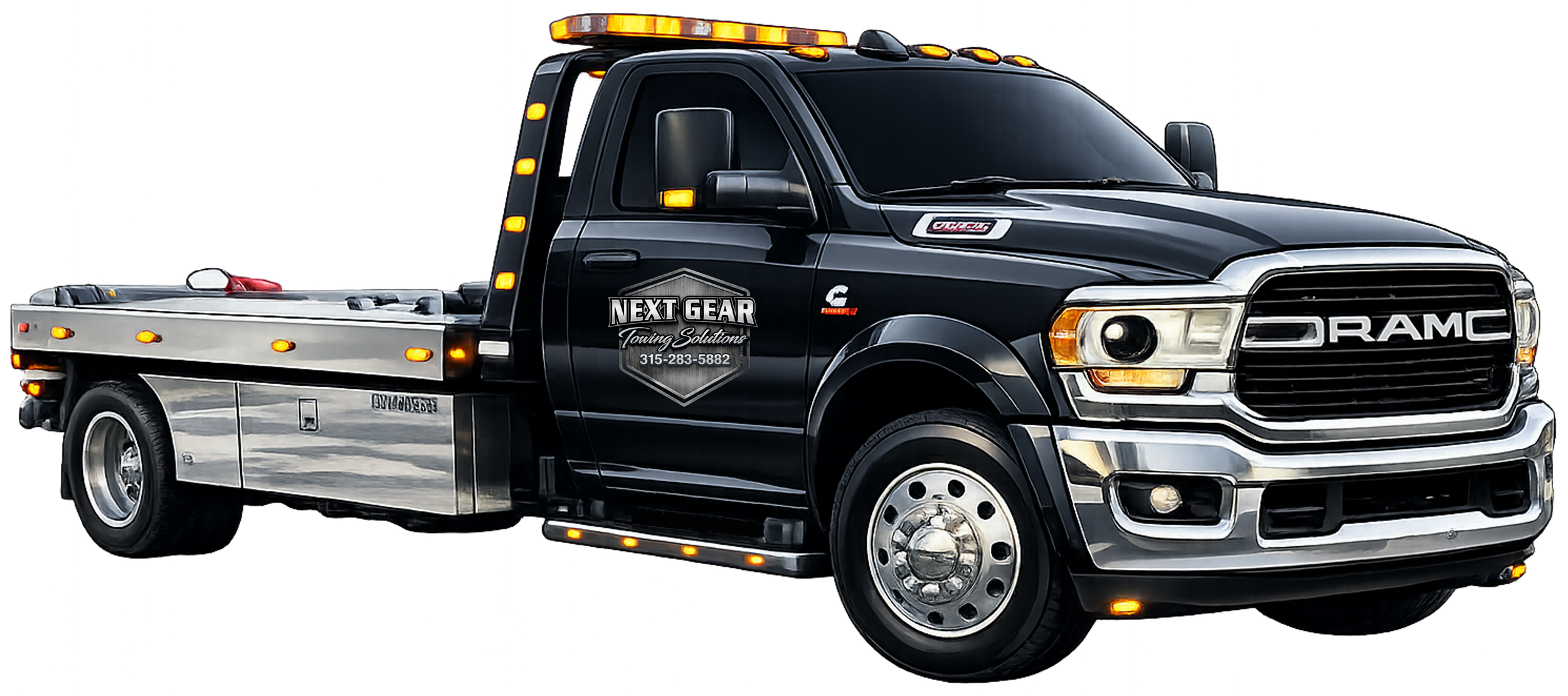 Black flatbed tow truck with warning lights, featuring the logo and contact information of Next Gear Towing Solutions on the door.