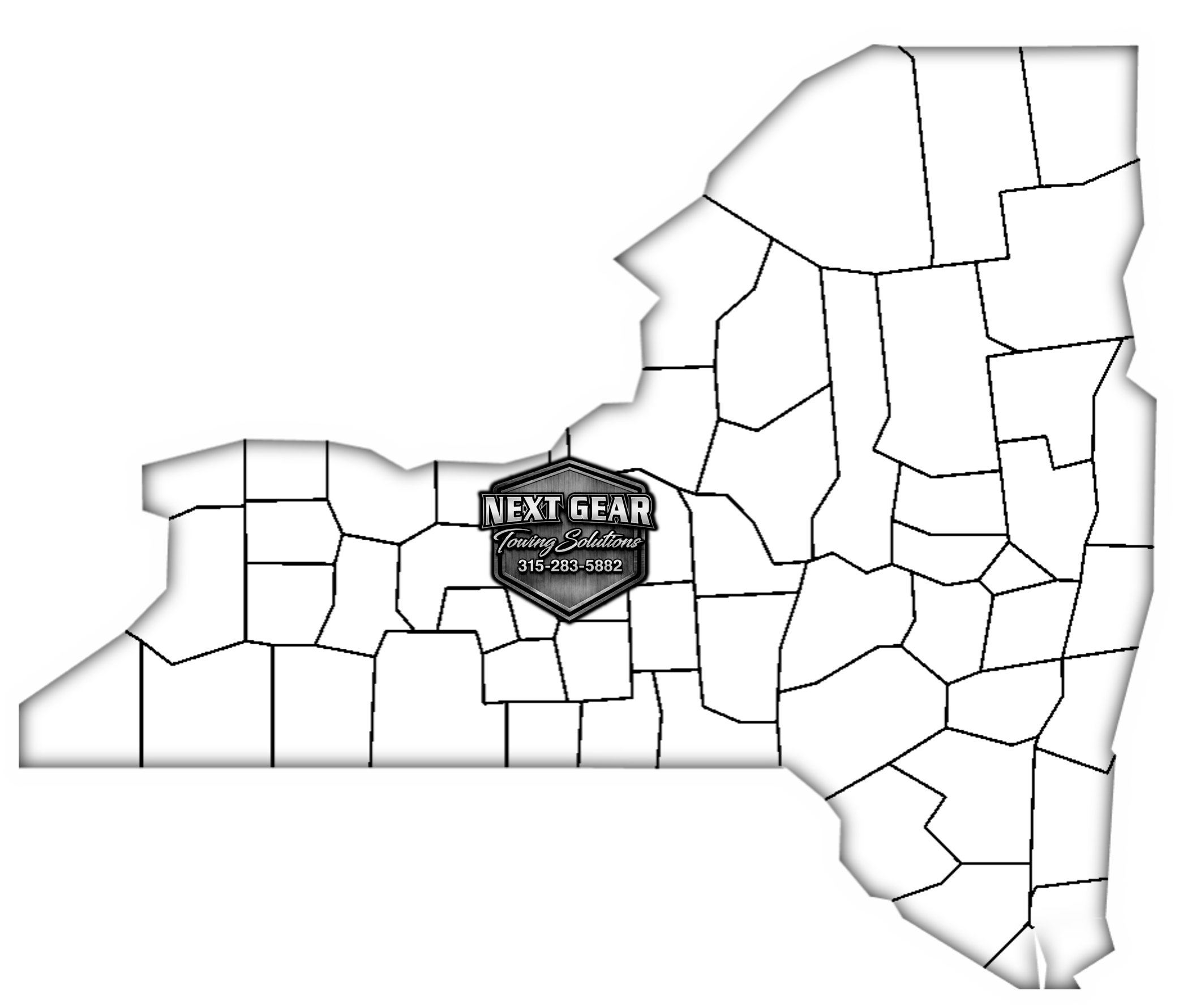 Map of New York State with segmented regions and a logo in the center for Next Gear Towing Solutions with contact number 315-283-5882.
