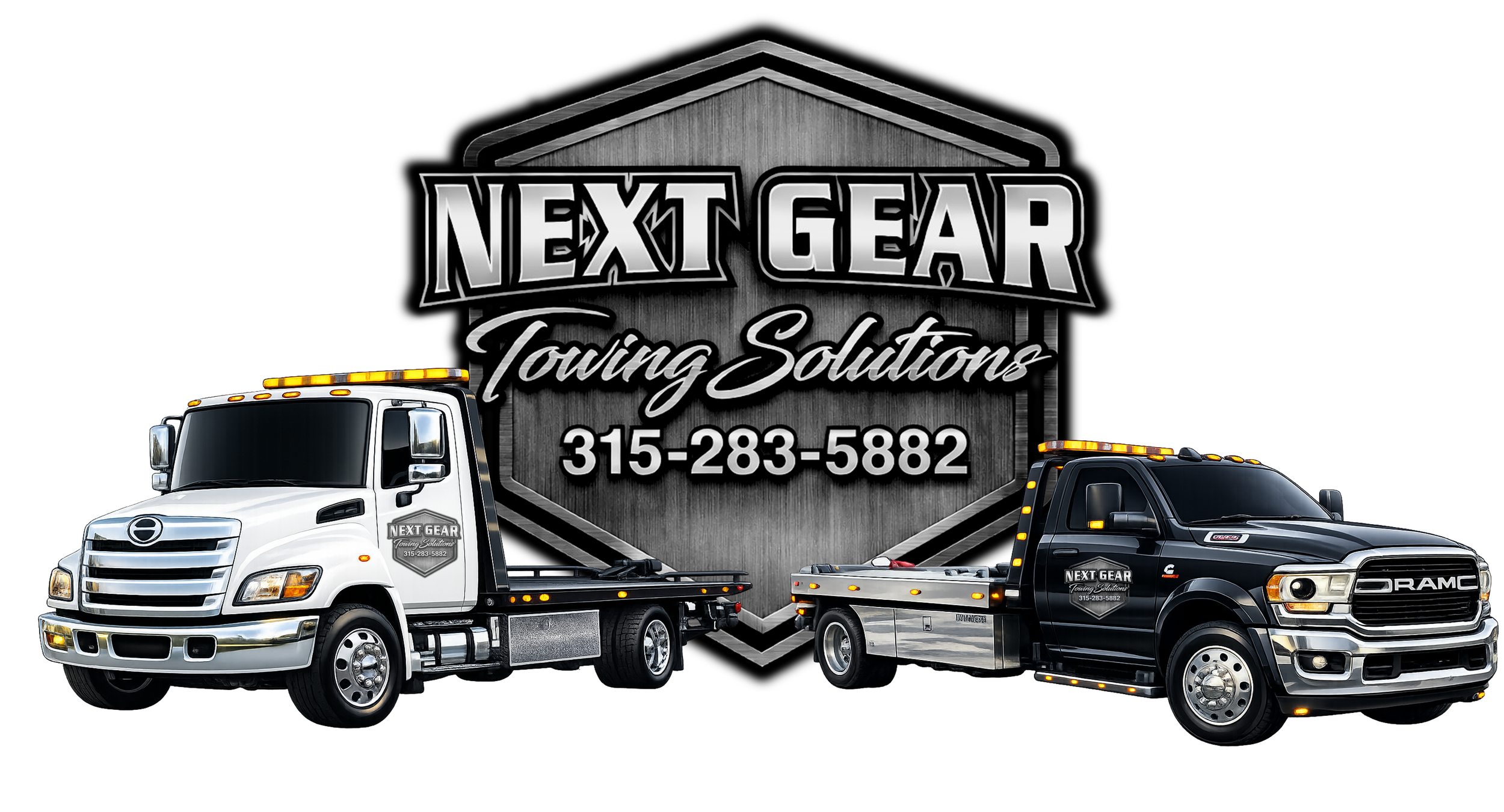 Two tow trucks, one white and one black, parked in front of a large sign with the text 'Next Gear Towing Solutions' and a phone number on a black background.