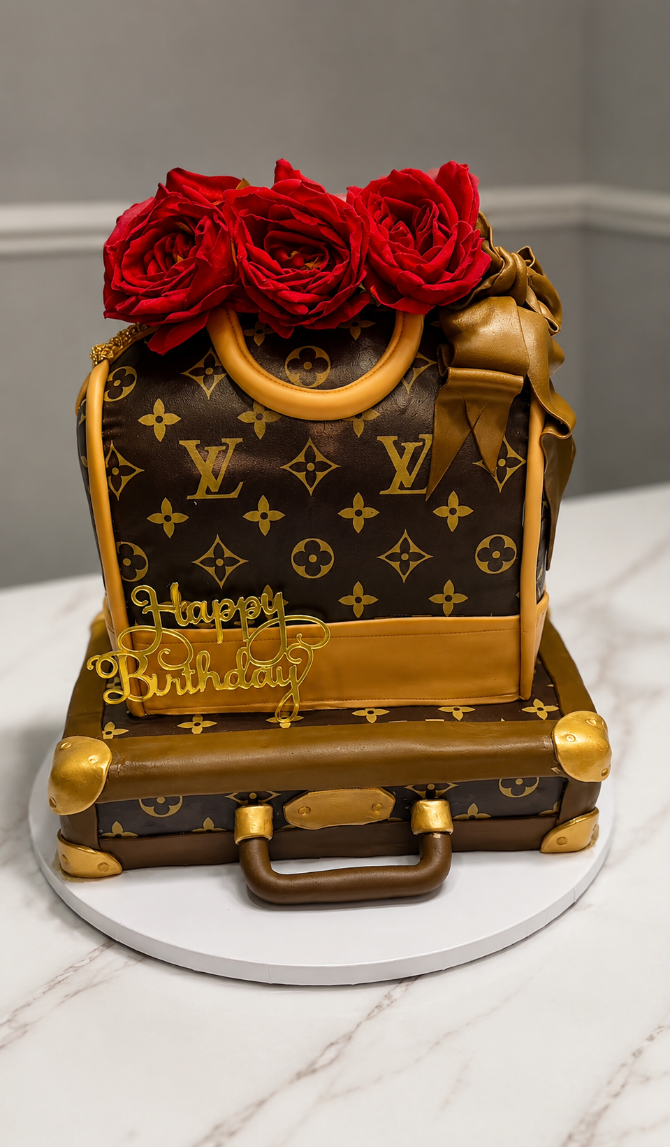 A birthday cake designed to look like a Louis Vuitton suitcase with a Louis Vuitton handbag on top, decorated with red roses and a "Happy Birthday" sign.