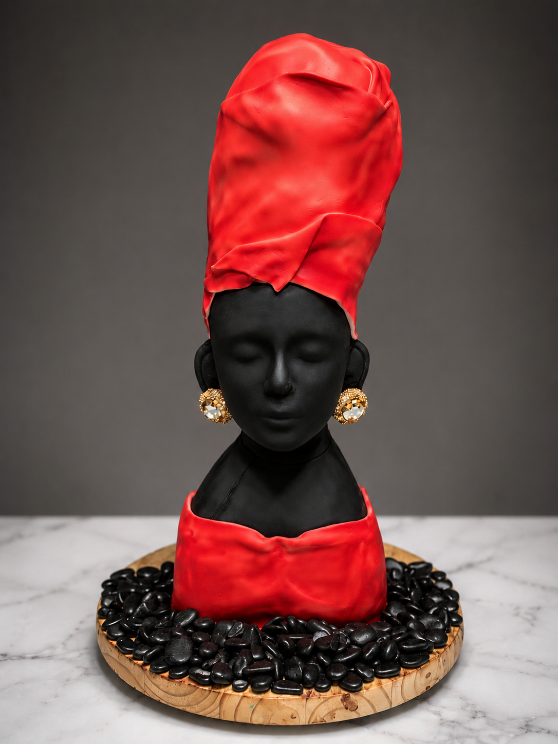 Sculpture of a black woman wearing a large red headwrap and matching top. The sculpture features gold earrings and is set on a wooden base with black stones. Background is dark gray.