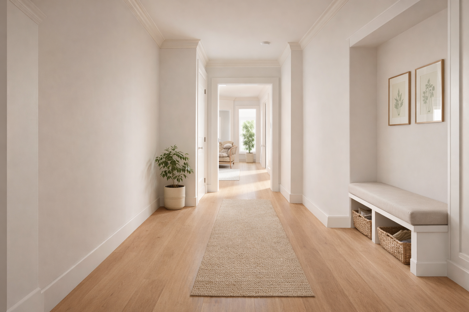 adult-residential-facility | Empty hallway with light wood flooring, white walls, a beige rug, a potted plant on the left, a white bench with baskets on the right, and framed botanical prints on the wall.