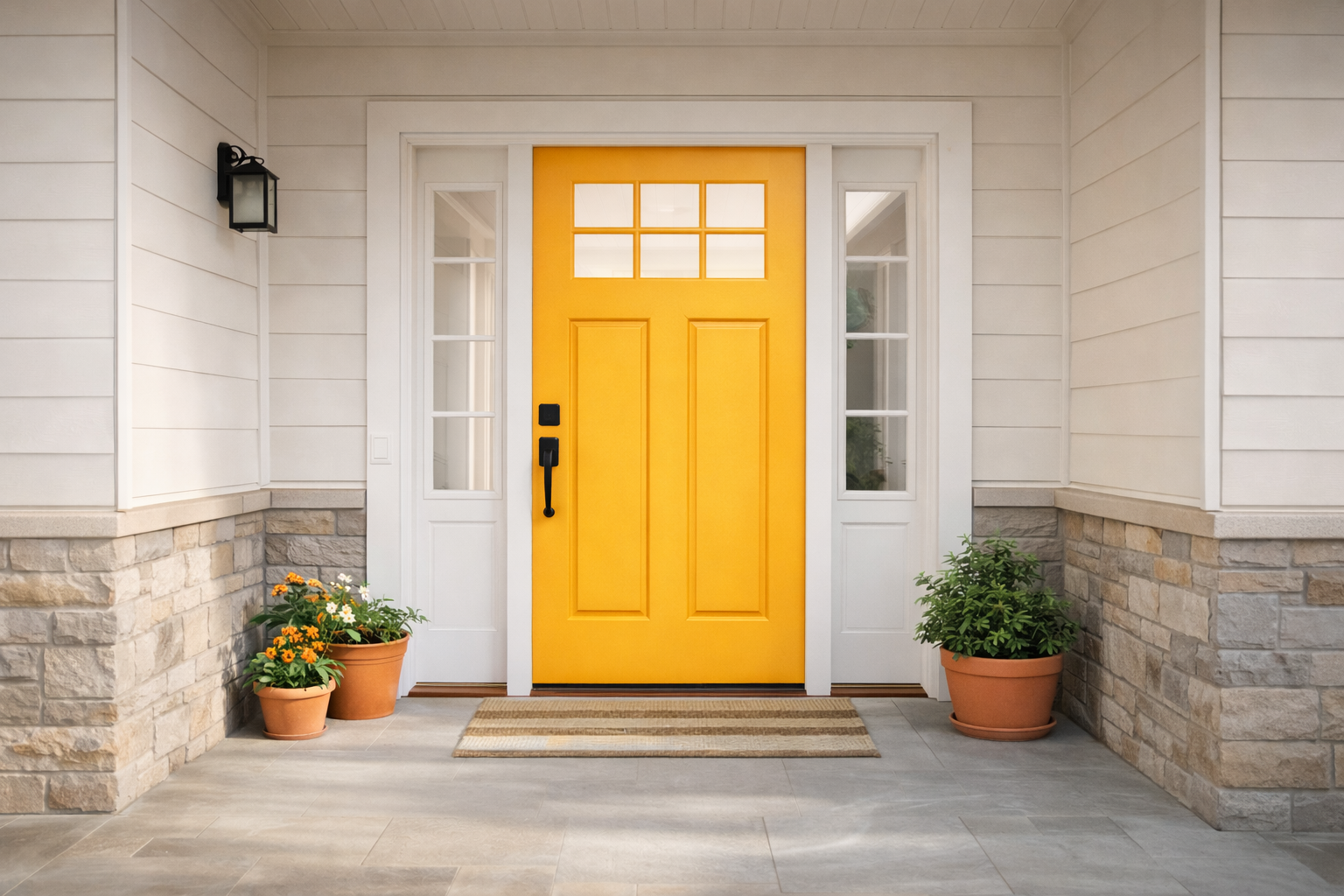adult-residential-facility | Colorful yellow front door with glass panes at the top, black handle and lock, flanked by two windows and surrounded by white siding and stone accents. Potted plants with flowers and greenery on each side of the entrance.