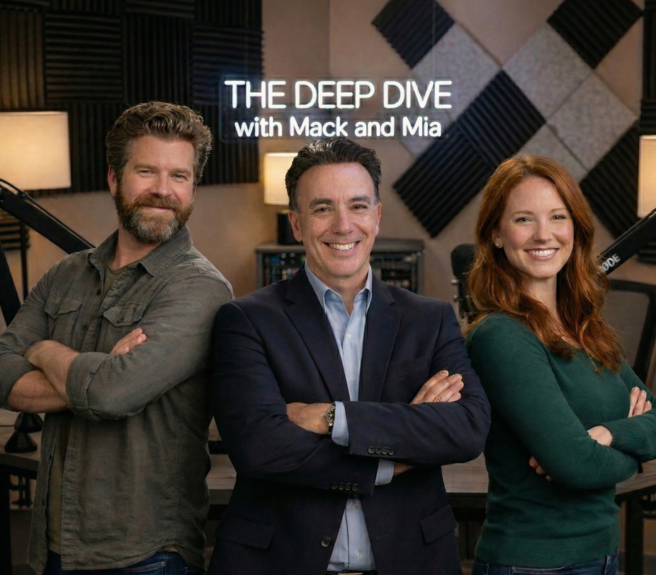 Portrait of three people, two men and one woman, standing with arms crossed in a recording studio, smiling. Behind them is a sign that reads 'The Deep Dive with Mack and Mia,' with soundproofing foam on the walls.